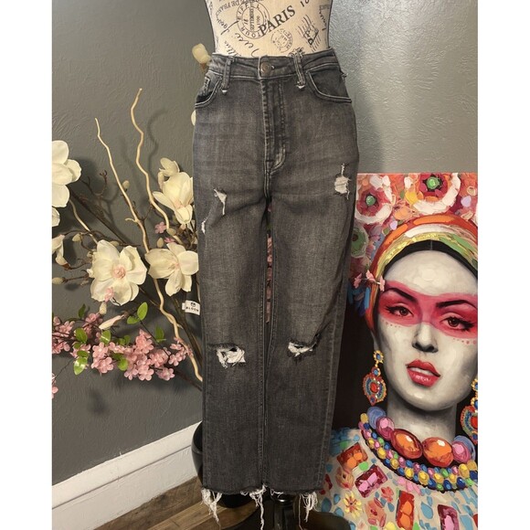 Risen Jeans Denim - Risen Jeans Womens 28/7 Black Denim Straight Leg Distressed Raw Hem Stretch